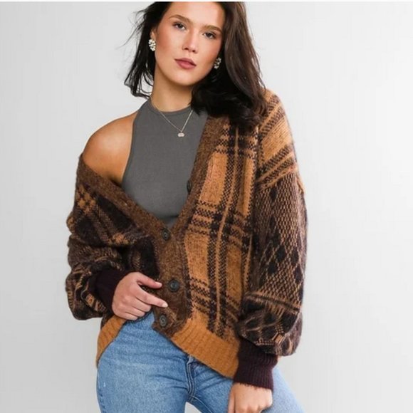 Free People Sepia Cardigan Sweater Birchwood brown plaid size XS NEW - Picture 5 of 11